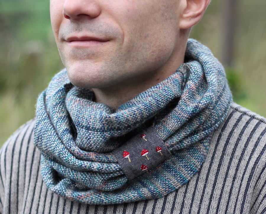 Hand Woven Scarf Hand Dyed Blue Cowl With Embroidered Toadstools