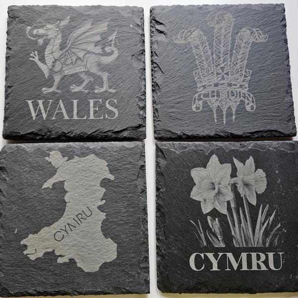 Set of 4 Wales Welsh Slate Coasters, Rustic, Dragon Daffodil MapIch Dien