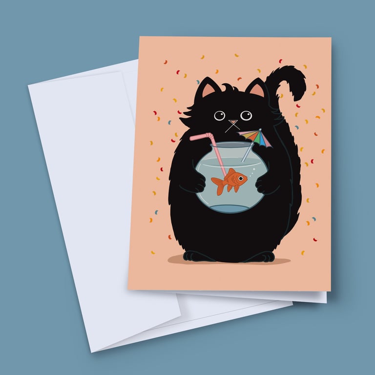 Funny Cat Birthday Card, Black Cat Party Animal, Goldfish Cocktail