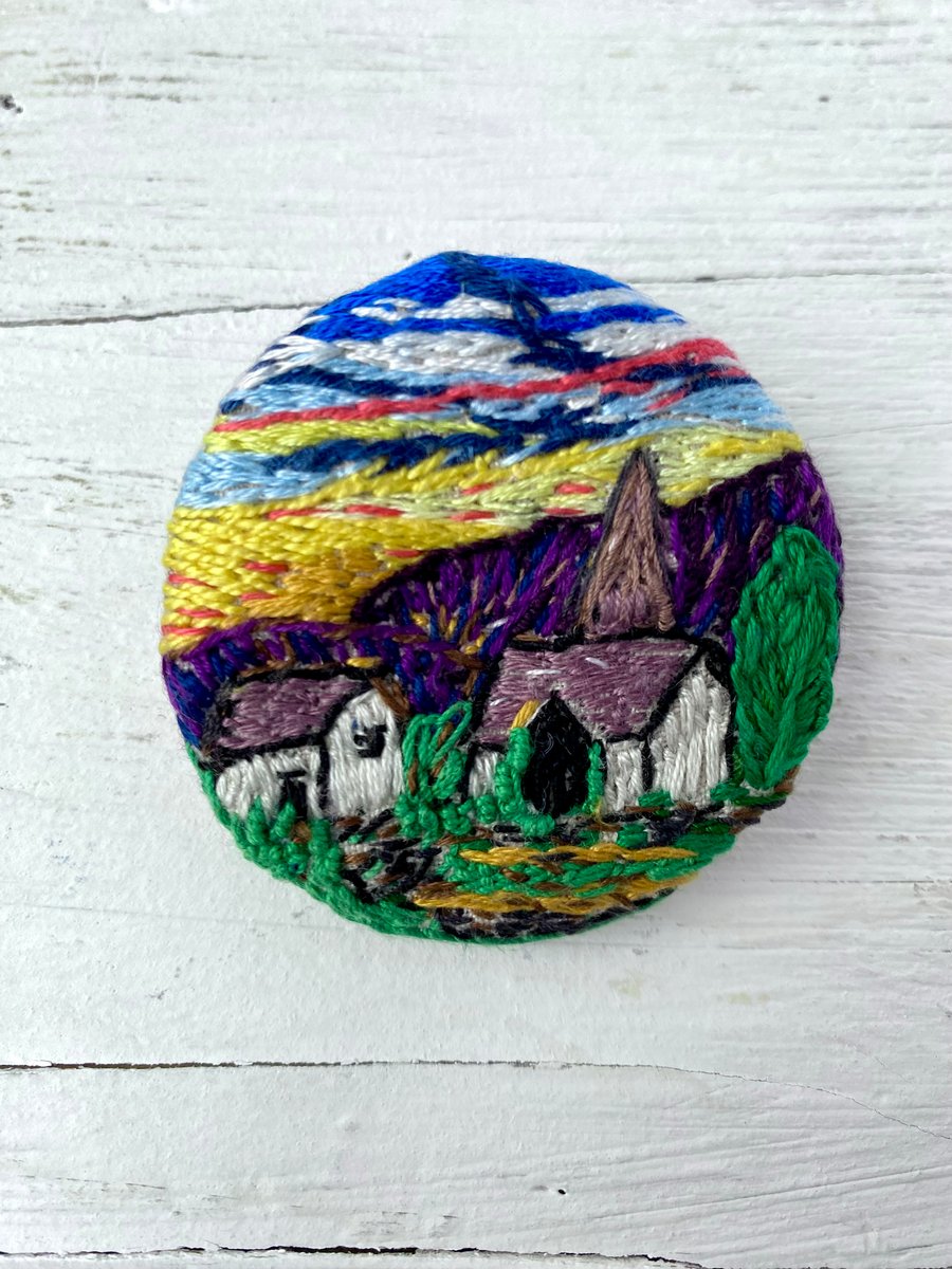 Church against  mountain sunset-Hand Embroidered Mini Landscape Brooch 