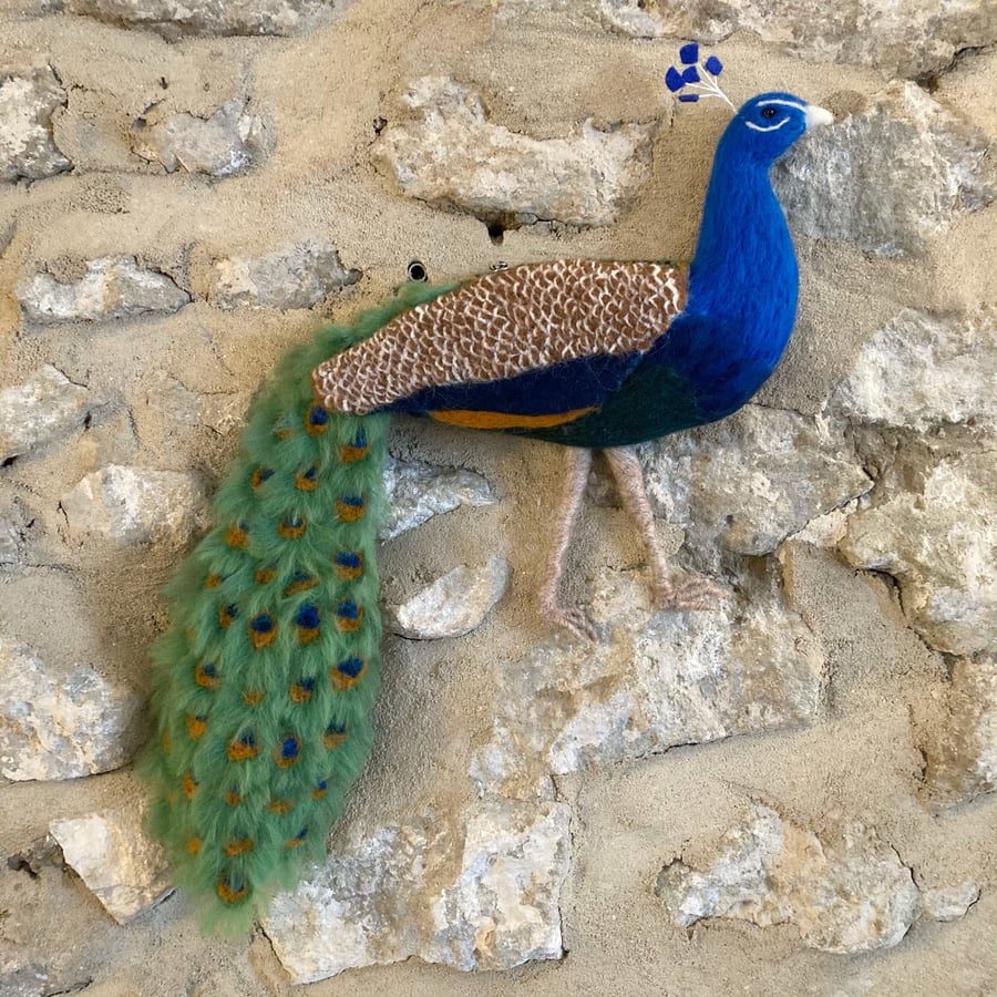 Peacock wall hanging, needle felted