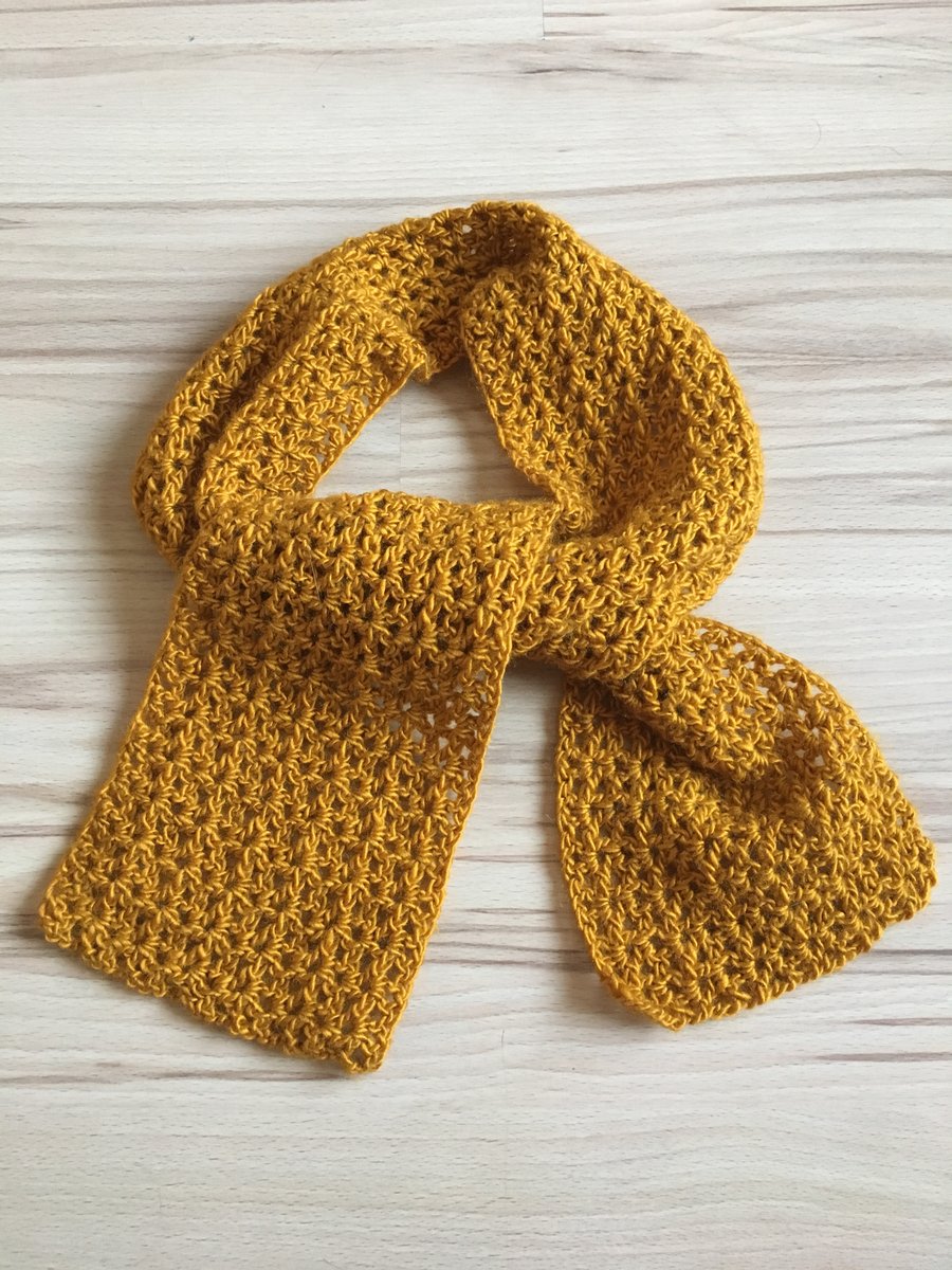 REDUCED - Shorter Length Mustard Crochet Scarf - Handmade - Acrylic Yarn