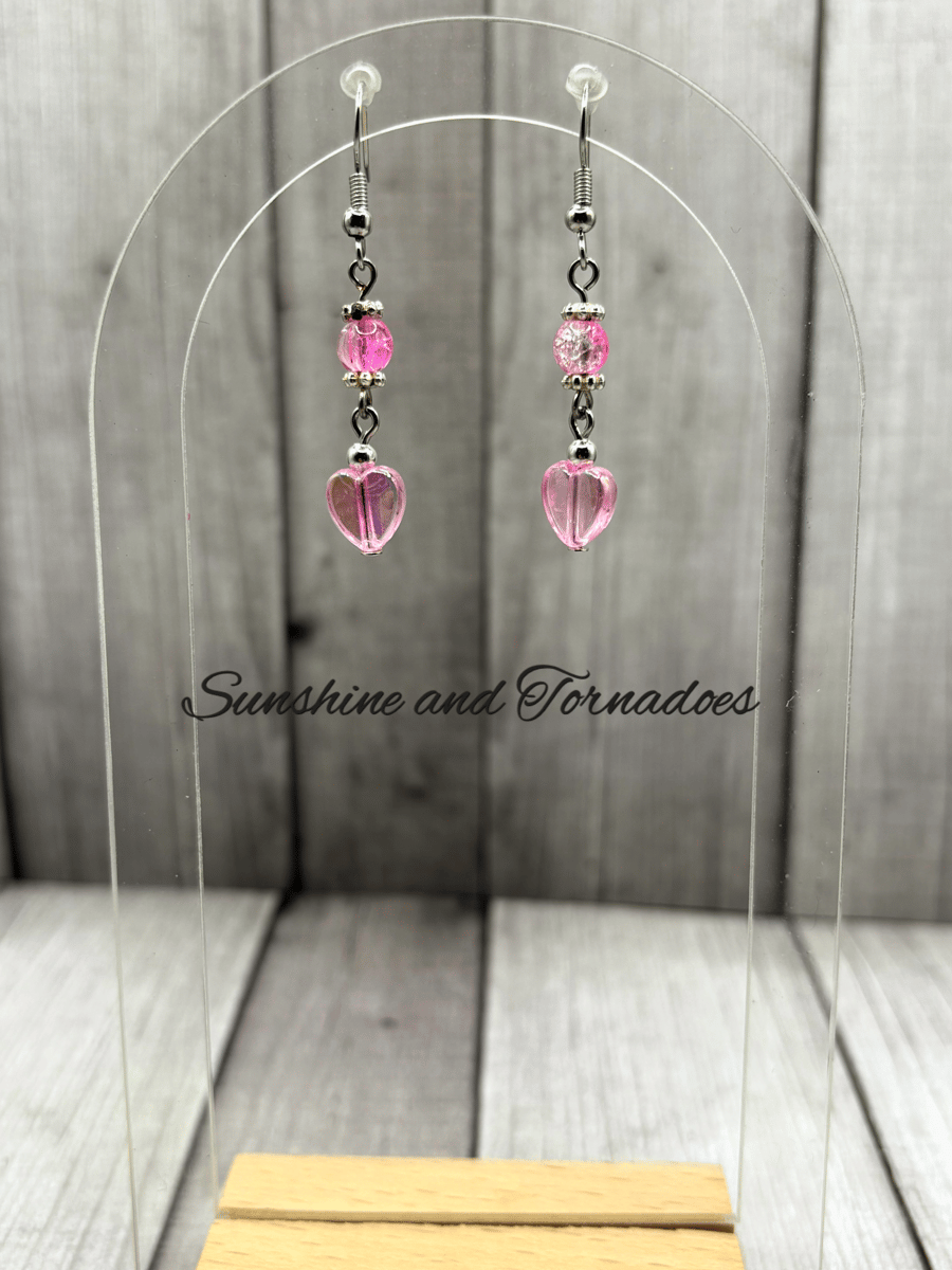 Dainty Pink Heart Shaped Drop Earrings.