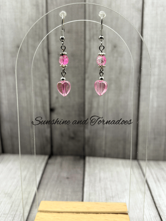 Dainty Pink Heart Shaped Drop Earrings.