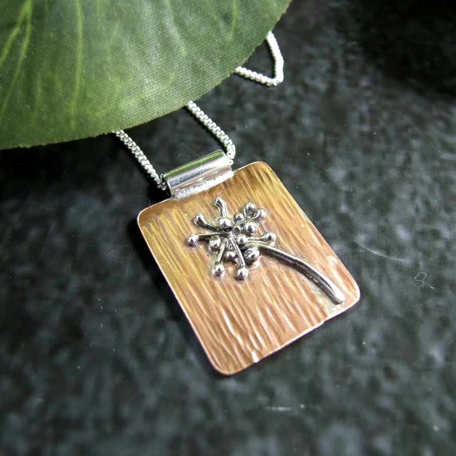 Dandelion Clock Necklace. Seed Head Pendant Sterling Silver & Copper