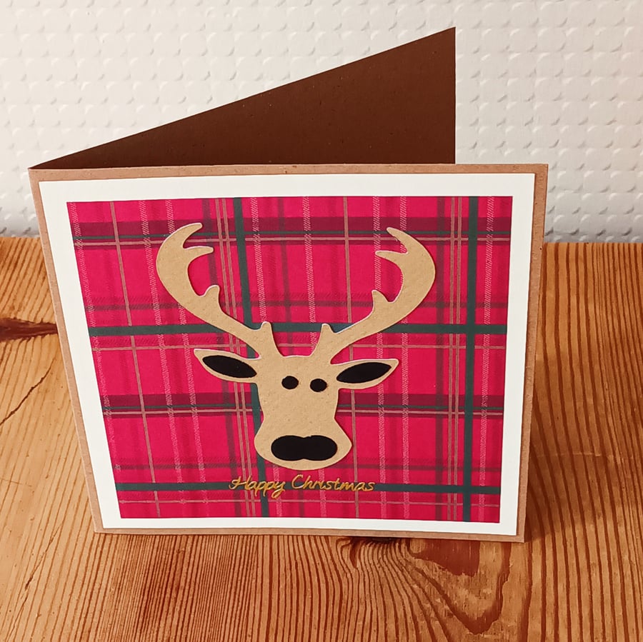 Tartan Stag Christmas Card – Red