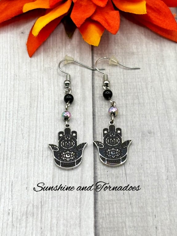 Obsidian and Electroplated Hematite Earrings - Handmade - Drop Earrings