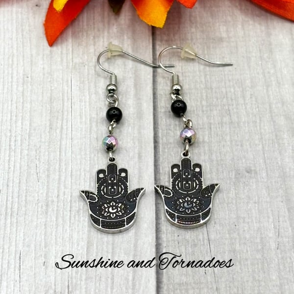 Obsidian and Electroplated Hematite Earrings - Handmade - Drop Earrings