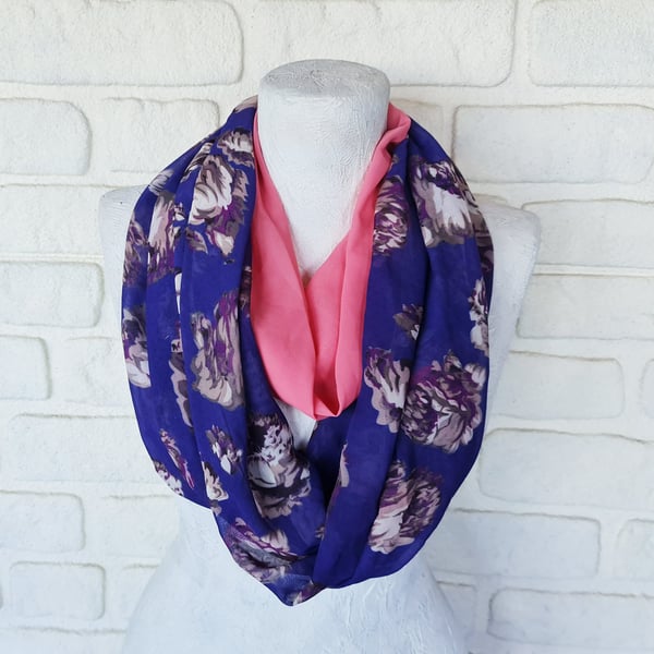 2 shawls - Pink and rose flower print infinity scarfpurple and pink chiffon shaw