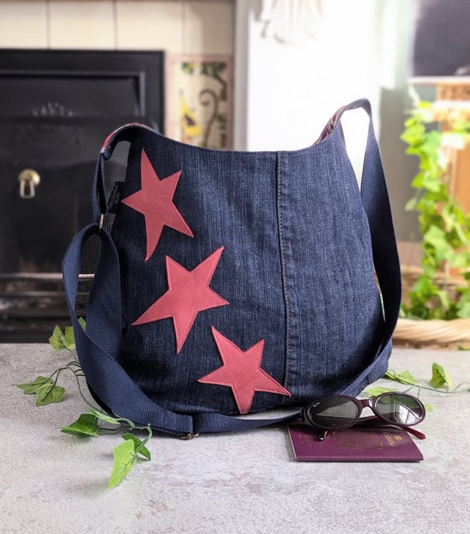 Denim Bag - Three Star Motif Recycled Denim Hobo Cross Body Bag 