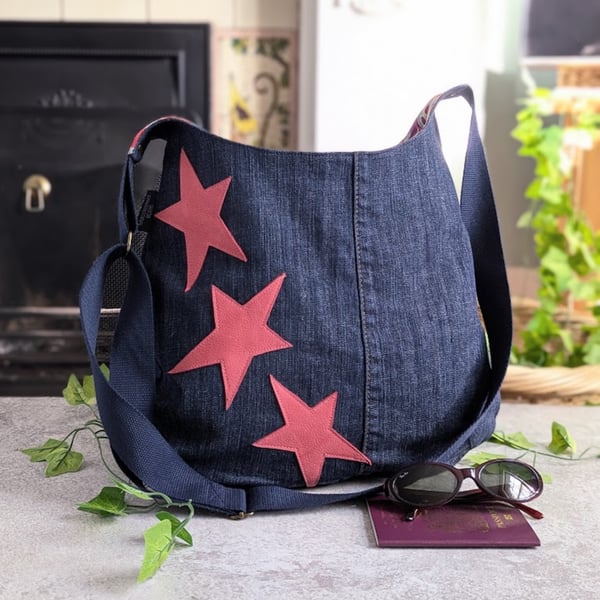 Denim Bag - Three Star Motif Recycled Denim Hobo Cross Body Bag 