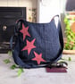 Denim Bag - Three Star Motif Recycled Denim Hobo Cross Body Bag 