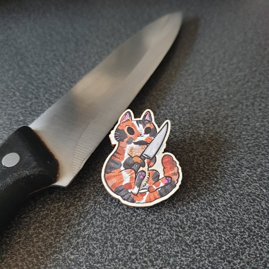 Knife Cat Wooden Pin