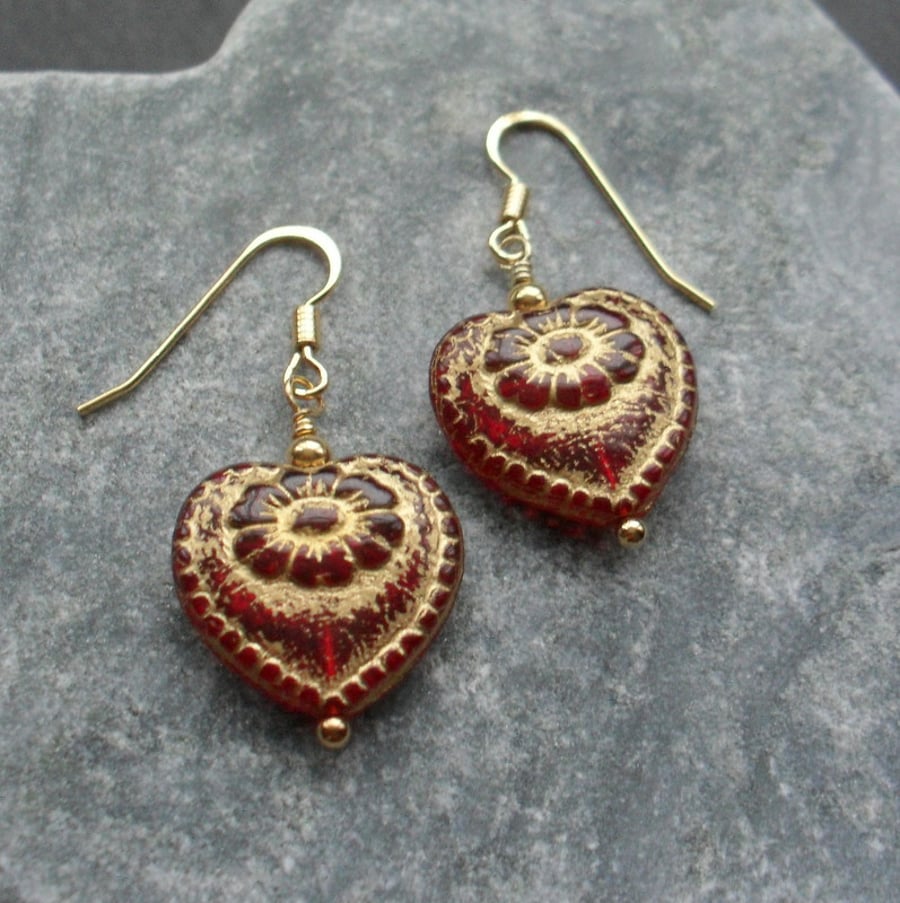 Red Czech Glass Heart Earrings Gold Vermeil 