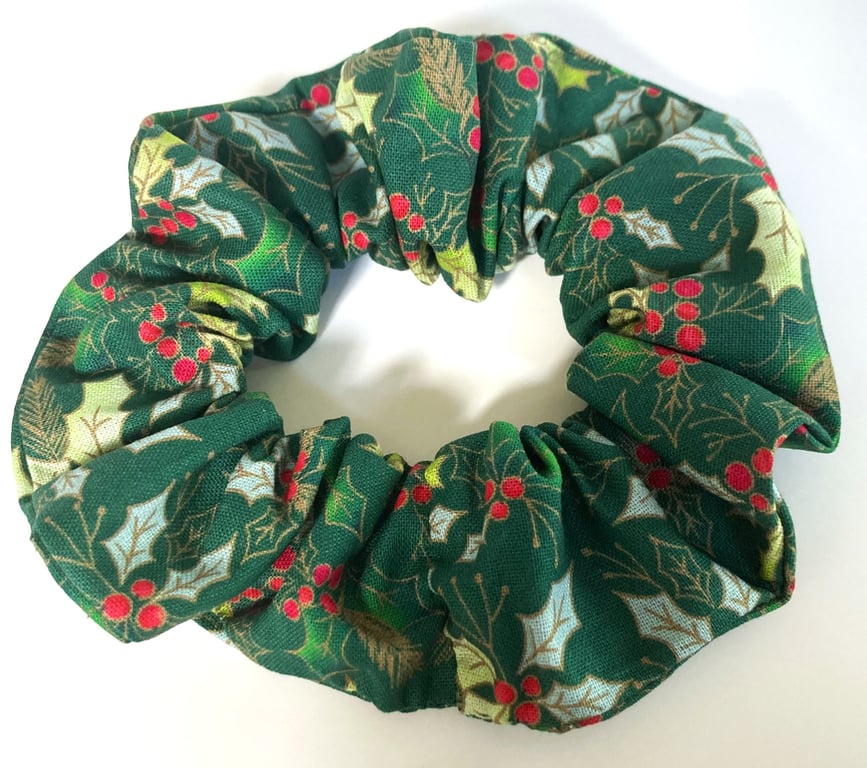 Christmas Scrunchie Green Holly Print