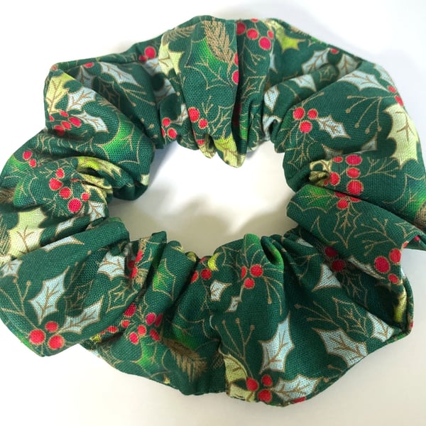 Christmas Scrunchie Green Holly Print