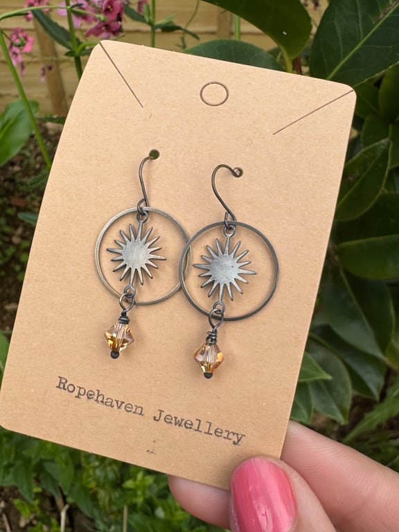 Dainty Vintage Hoop and Star Earrings with Champagne Czech Crystals