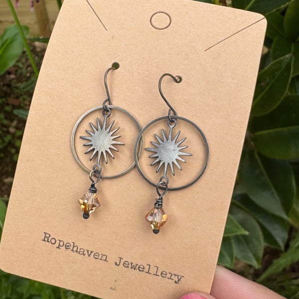 Dainty Vintage Hoop and Star Earrings with Champagne Czech Crystals