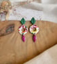 Autumn Fresh Abstract Marbled Hoop & Forest Green Leaf Polymer Clay Dangles - Image 2