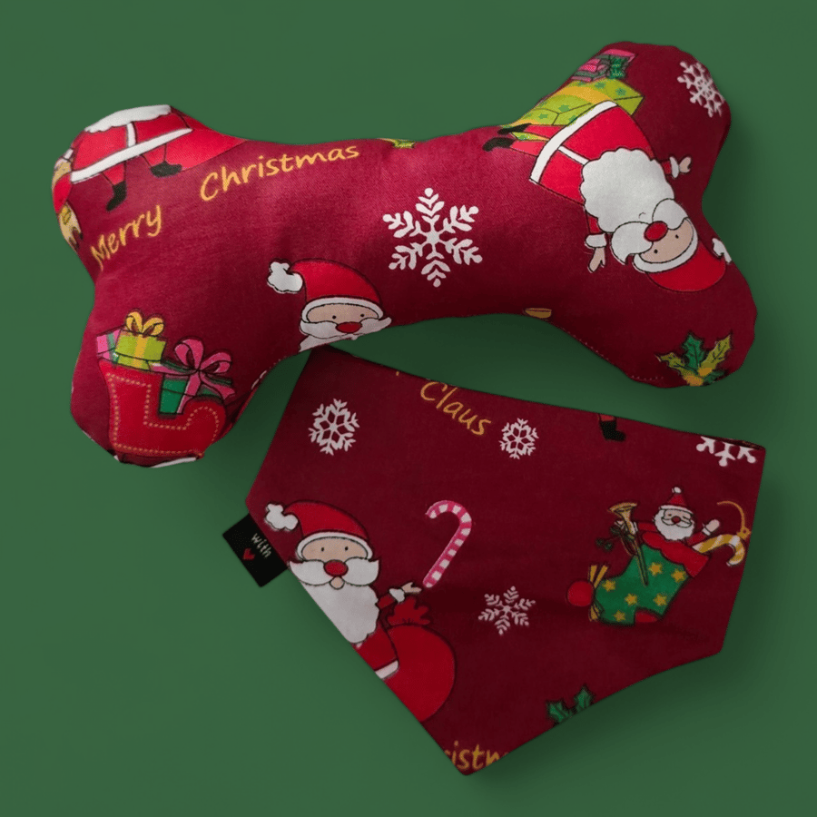 Christmas personalised dog bandana with matching toy bone size S