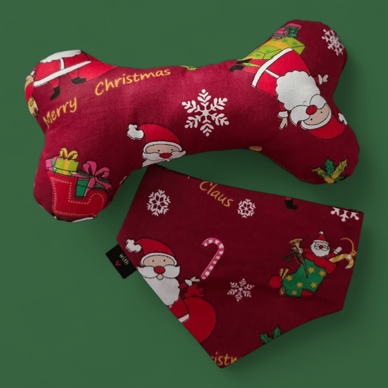 Christmas personalised dog bandana with matching toy bone size S