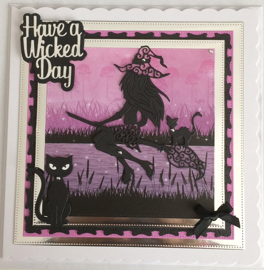 Pagan Halloween Card Have a Wicked Day Sexy Witch Cats 3D Luxury Pink 6