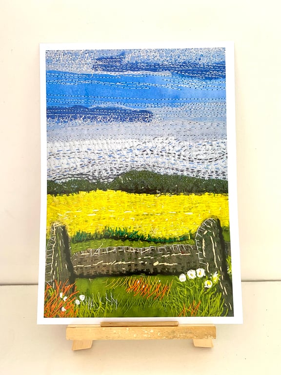 Yellow fields over the fence, original art print 