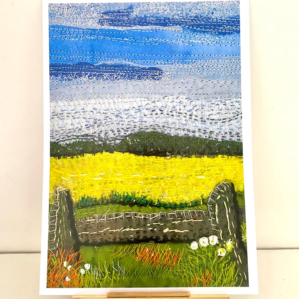 Yellow fields over the fence, original art print 