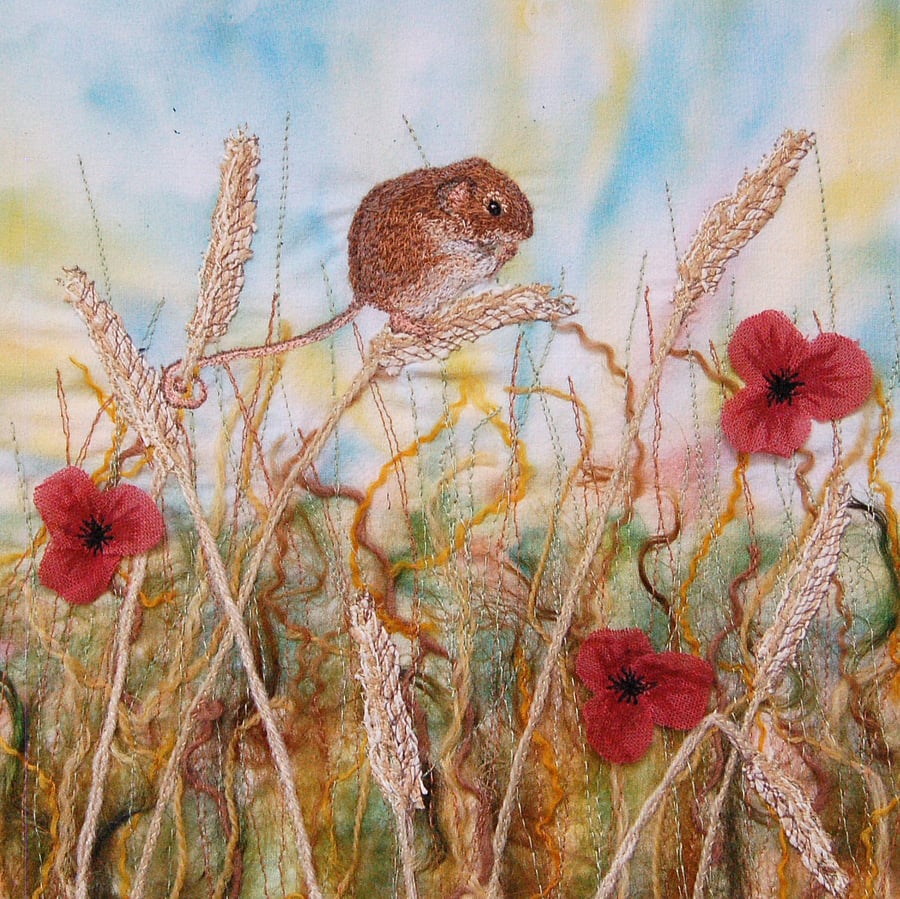 Harvest Mouse Framed Print, embroidered textile art