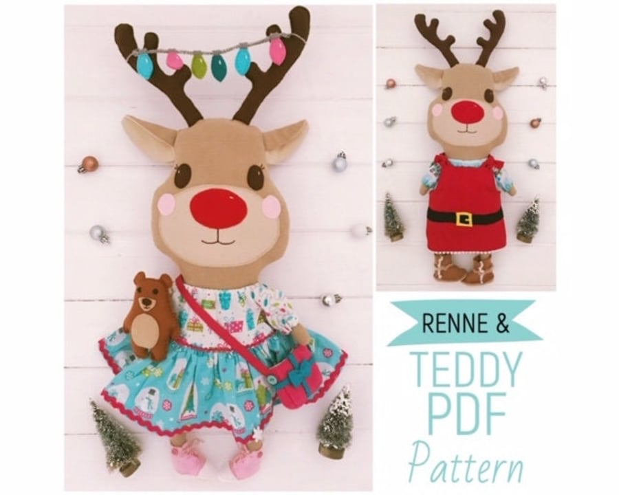 Digital PDF Sewing Pattern for Reindeer Doll 'Renne' & Mini Felt Teddy Bear 