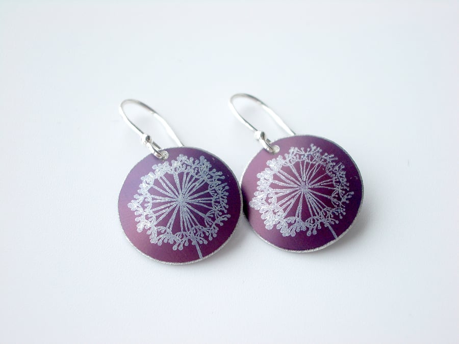 Dandelion clock earrings in plum and silver