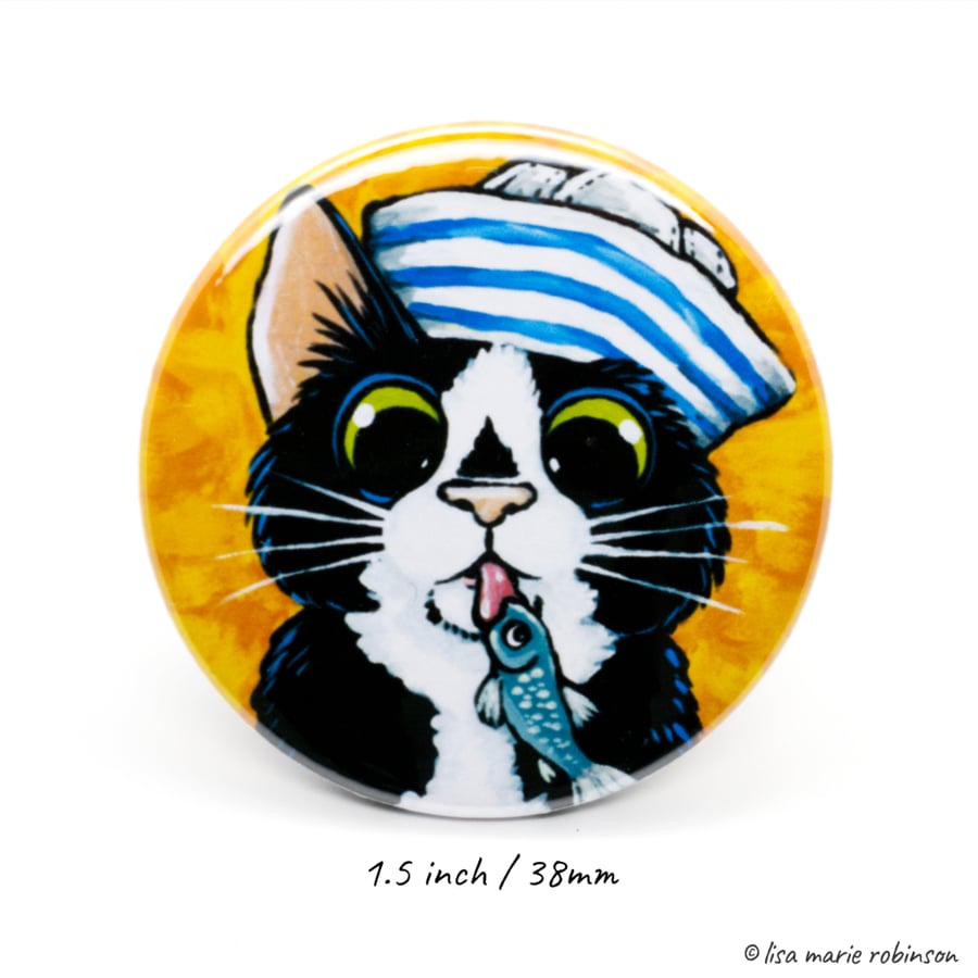 38mm Button Badge - Sailor Cat Nippy Fish (1.5 inch)