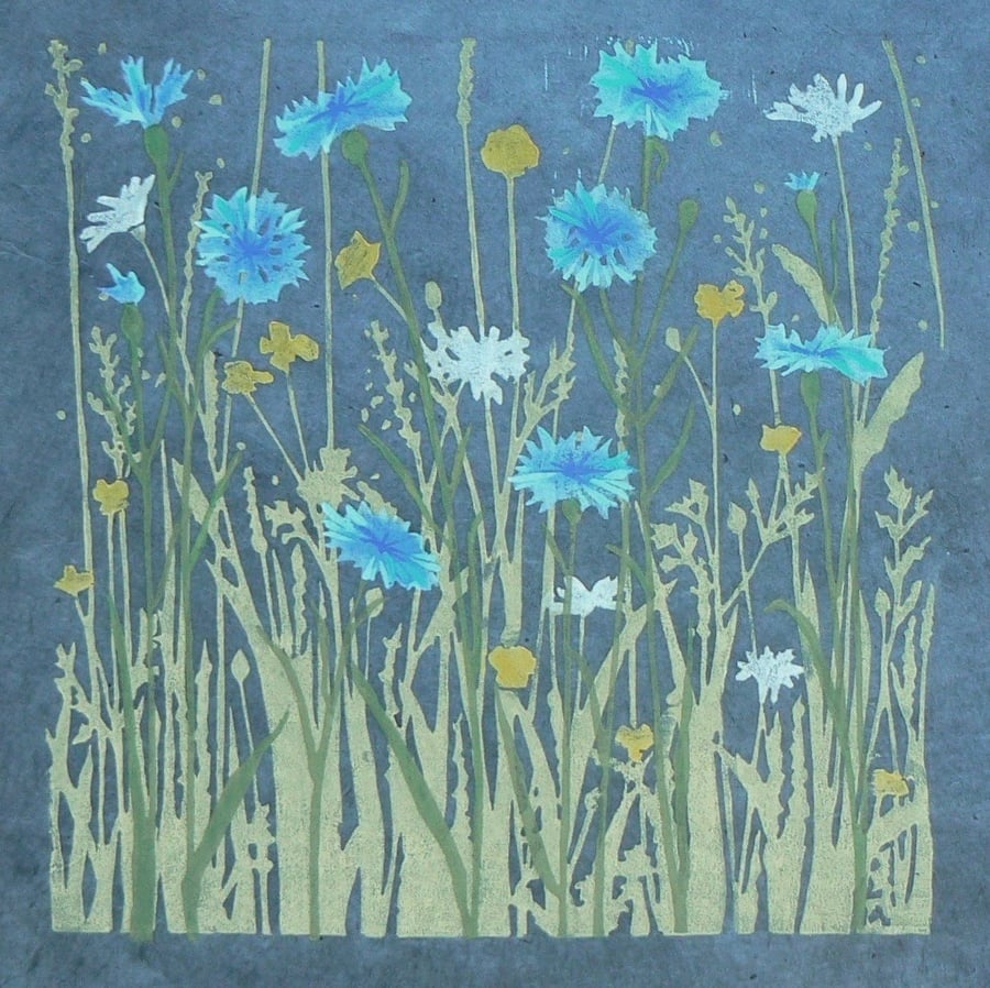 Cornflower Meadow linocut print