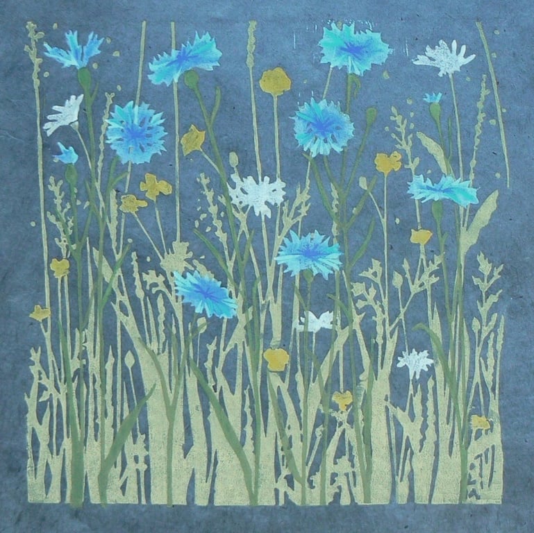 Cornflower Meadow linocut print