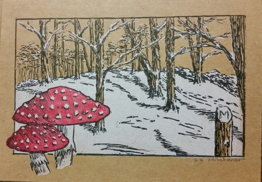 Hand printed & signed linocut card of christmas woodland