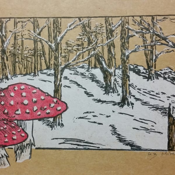 Hand printed & signed linocut card of christmas woodland