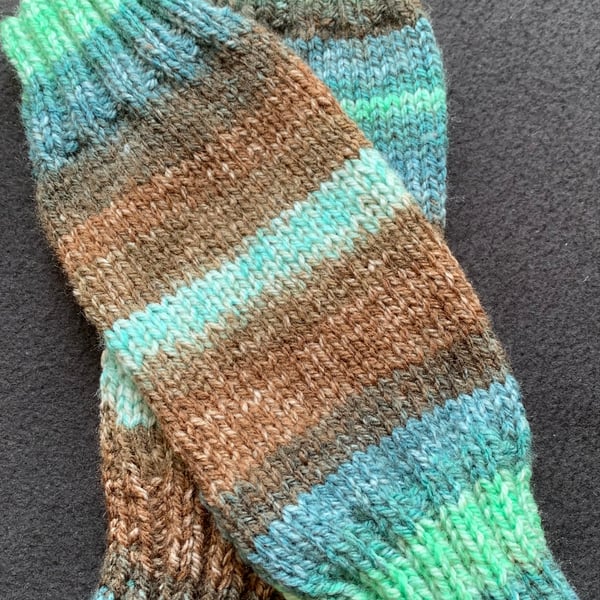 Hand Knitted Fingerless Wrist Warmers in Teals and Brown