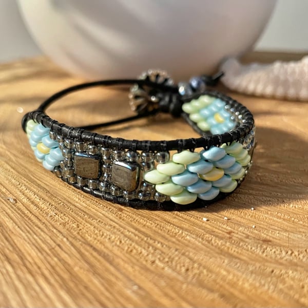 Leather beaded wrap adjustable button bracelet