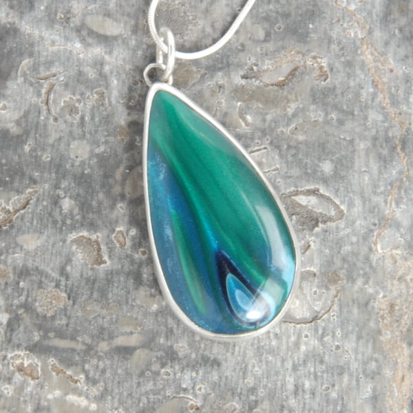 Emerald green and teal bowlerite pendant