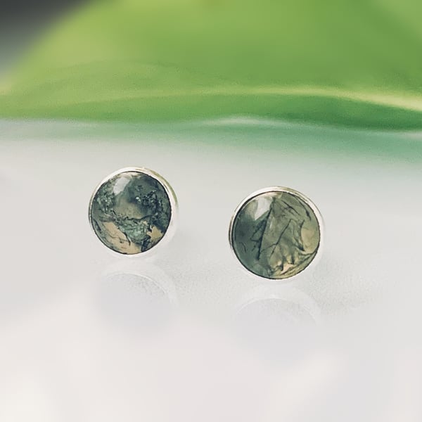 Recycled Handmade Sterling Silver Moss Agate Stud earrings