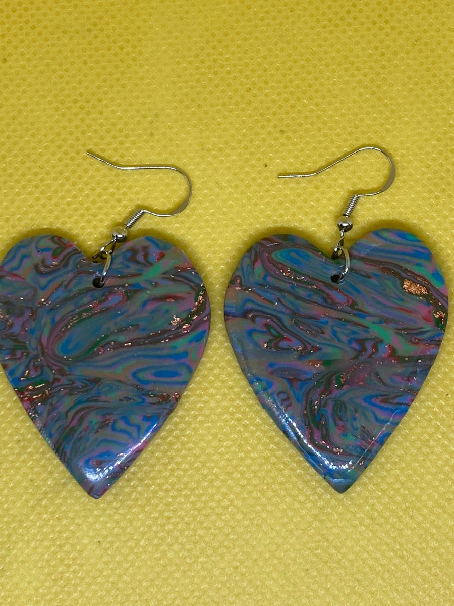 Rainbow Heart Polymer Clay Dangle Earrings, Handmade Colorful Swirl Jewelry, Uni