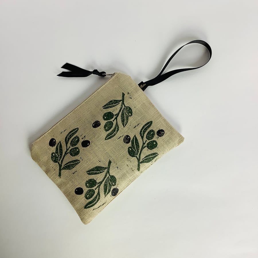 Mediterranean Olives Print Linen Zip-Up Pouch; Makeup Bag; Hand printed Purse 