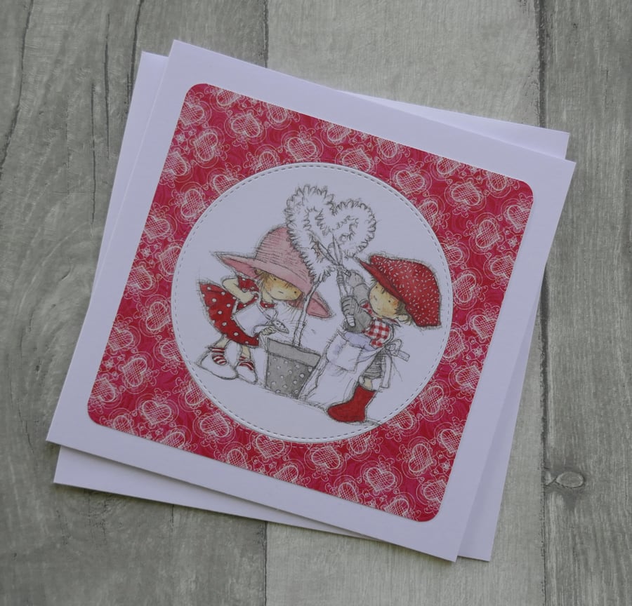 Cute Boy and Girl with Heart Tree - Anniversary or Valentine's Day Card