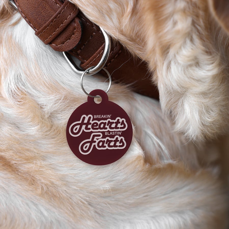 Hearts & Farts - Harlow Personalised Dog ID Collar Tag: Funny Custom Pet Safety 
