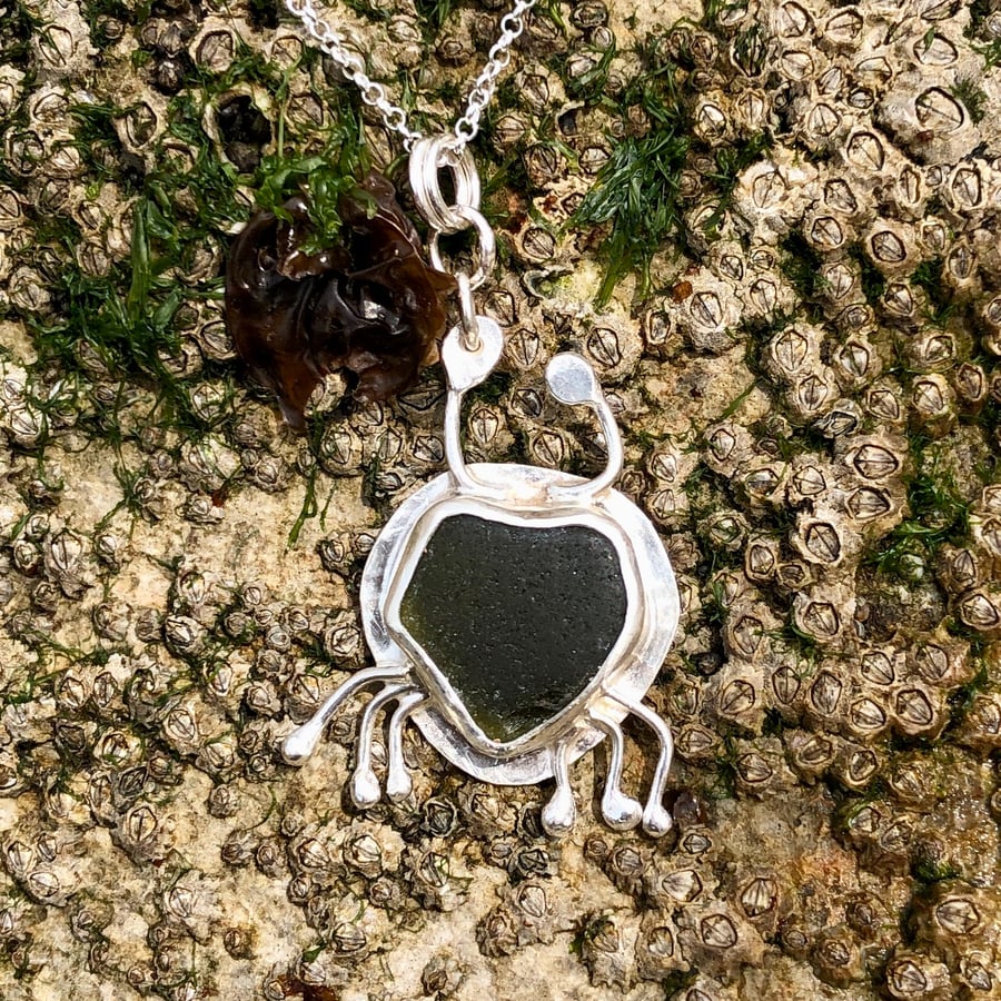 Olive Green Sea Glass and Sterling Silver Crab Pendant Necklace - 1049