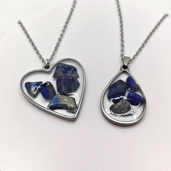 Handmade Lapis Lazuli Resin Pendant: Natural Gemstone Chips Necklace