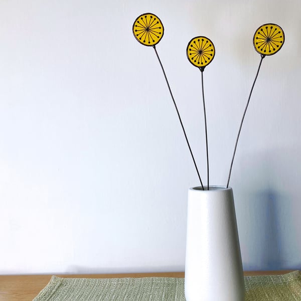 Stained Glass Dandelion Clock, Everlasting Handmade Wild Flower - Yellow