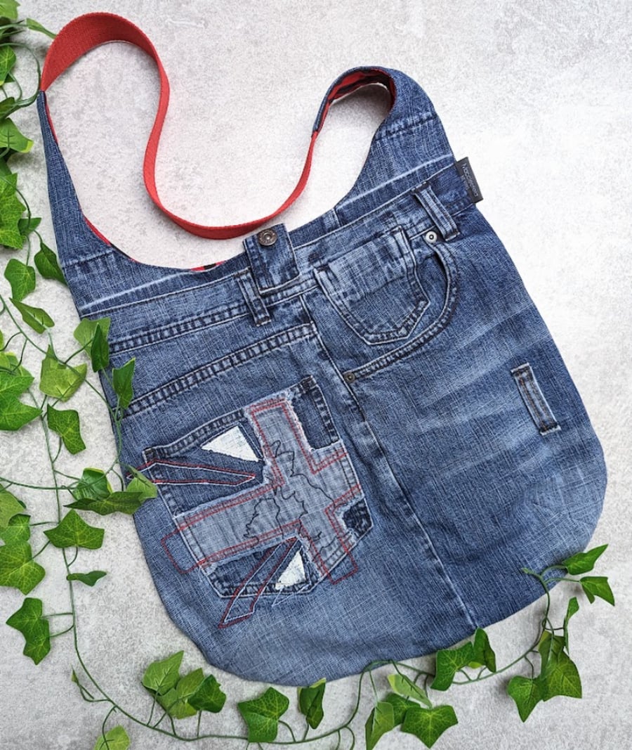 Denim Bag - Large Denim Shoulder Tote Jeans Bag with Union Jack Motif Pocket