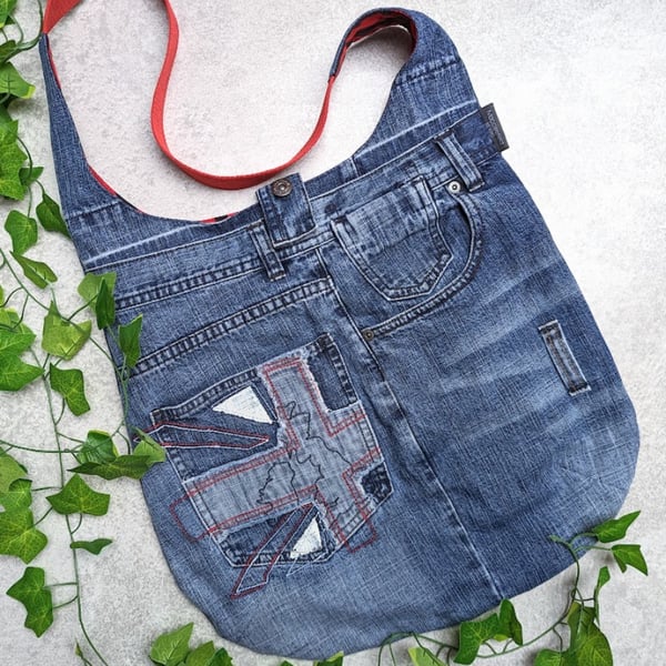 Denim Bag - Large Denim Shoulder Tote Jeans Bag with Union Jack Motif Pocket