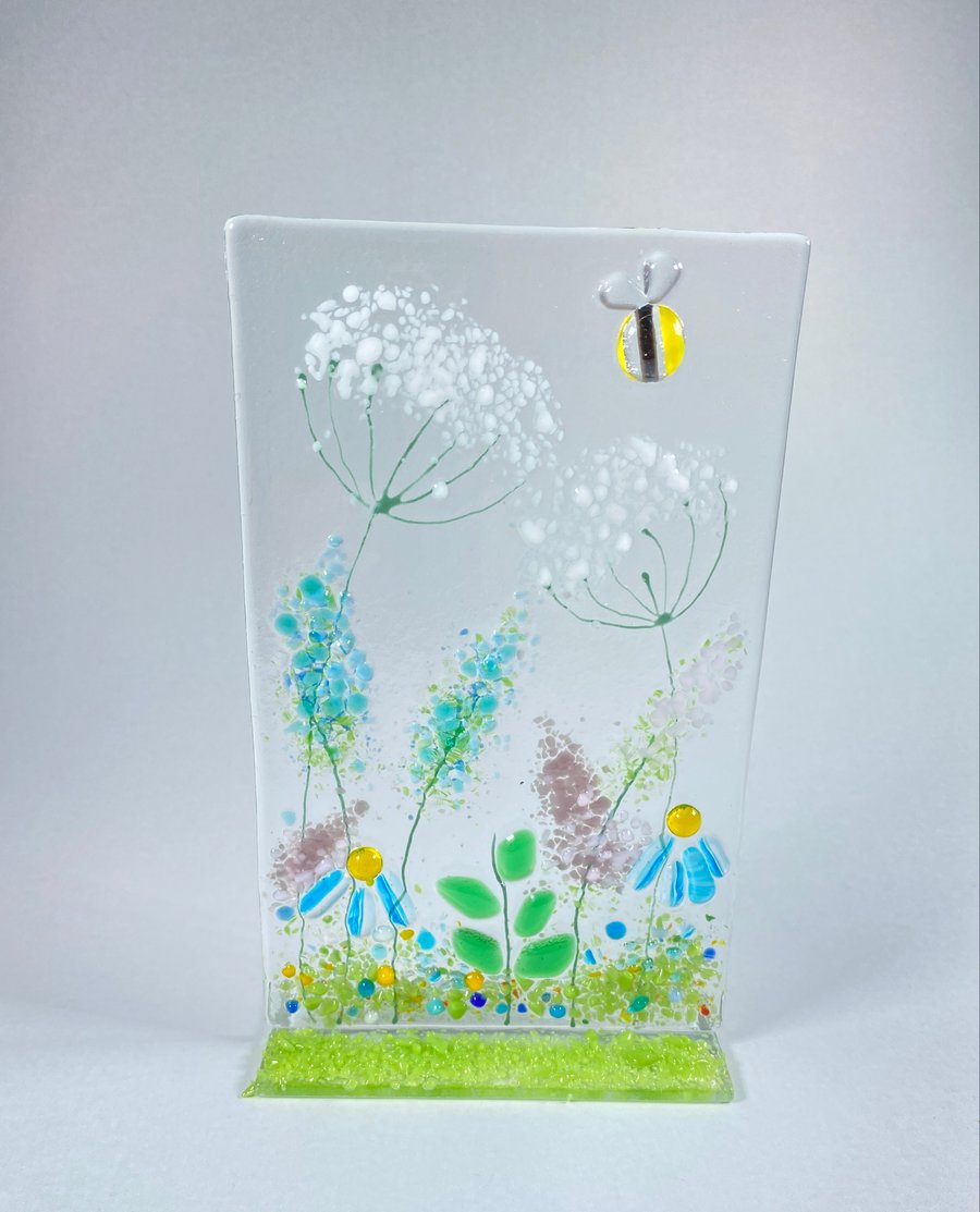 Fused glass floral free standing glass art